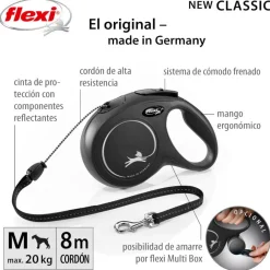 Flexi New Classic Correa de Cordón Extensible Negra para perros New