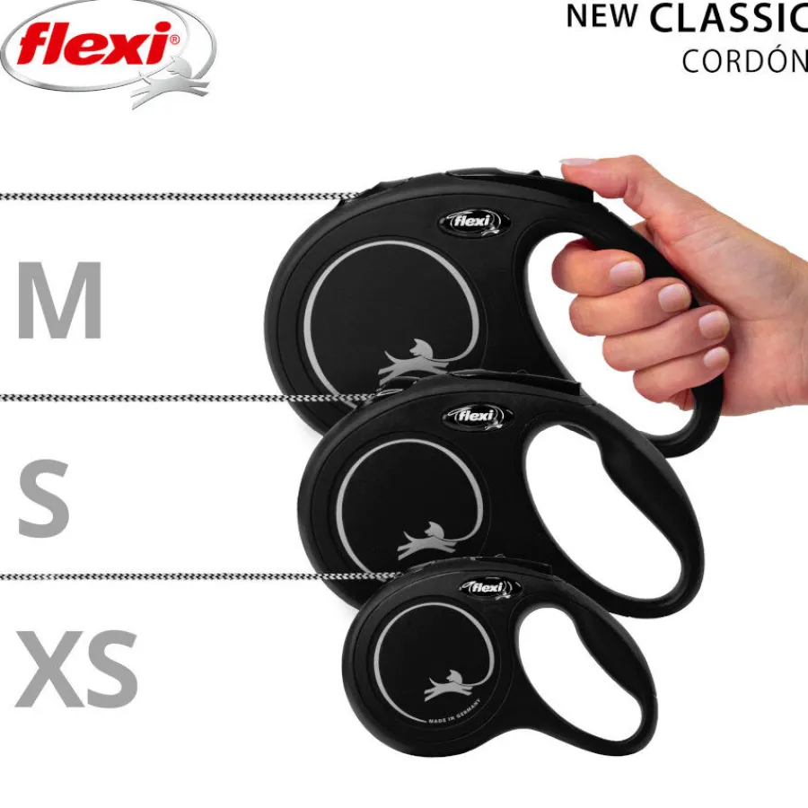 Flexi New Classic Correa de Cordón Extensible Negra para perros New