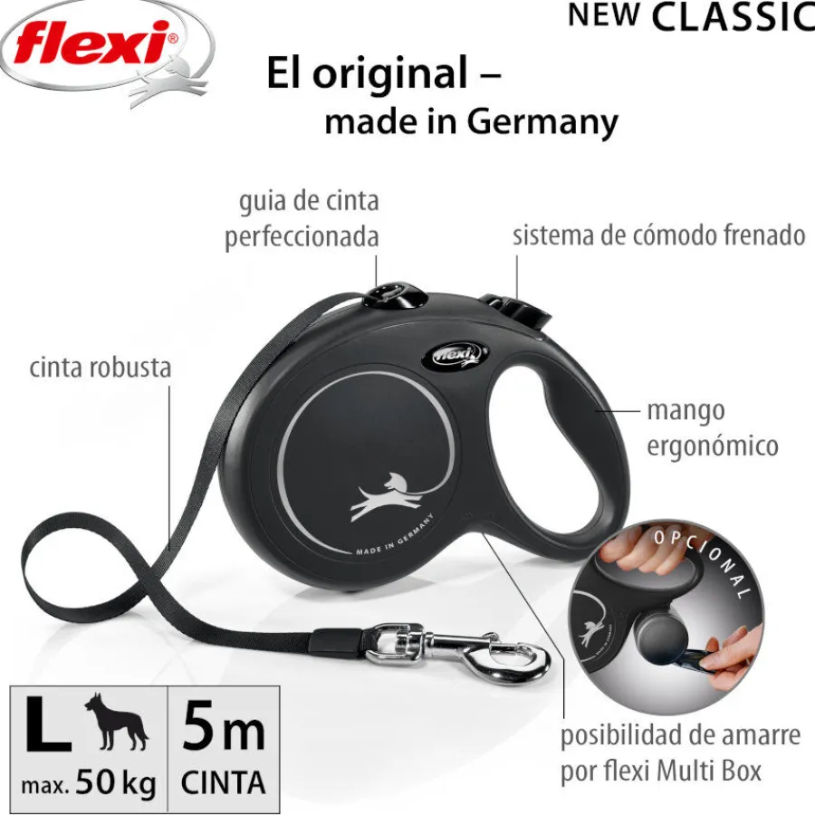 Flexi New Classic Correa Extensible Negra para perros New
