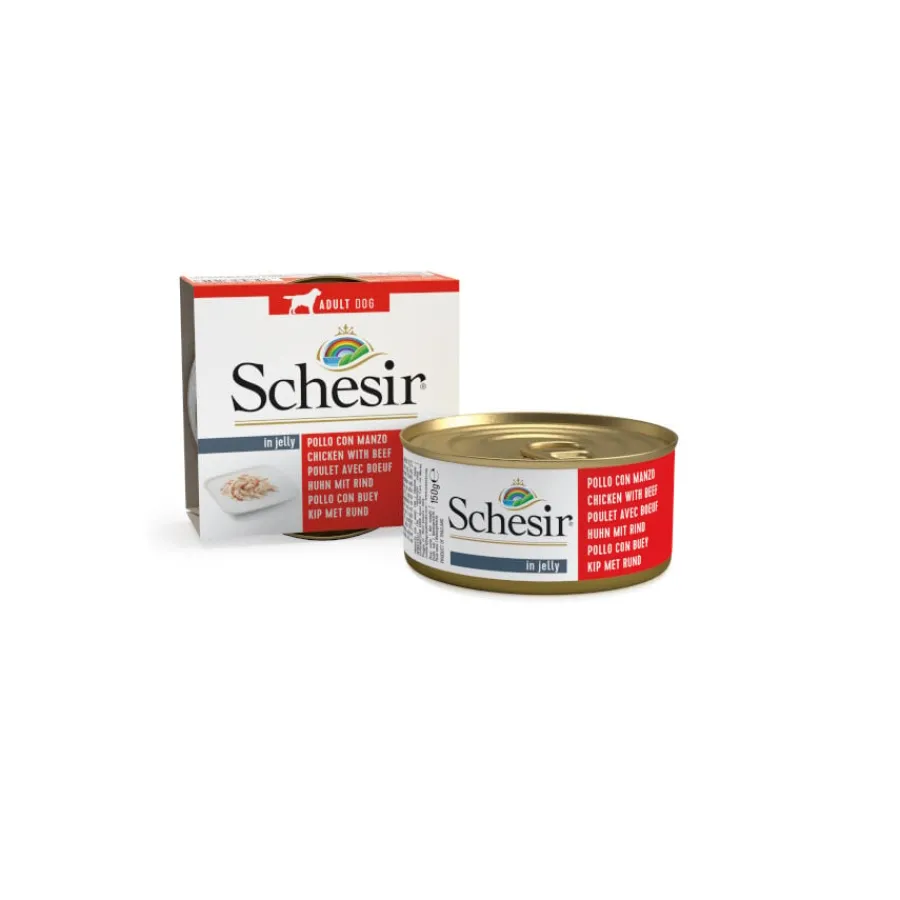 Schesir Adult pollo y buey en gelatina lata para perros New