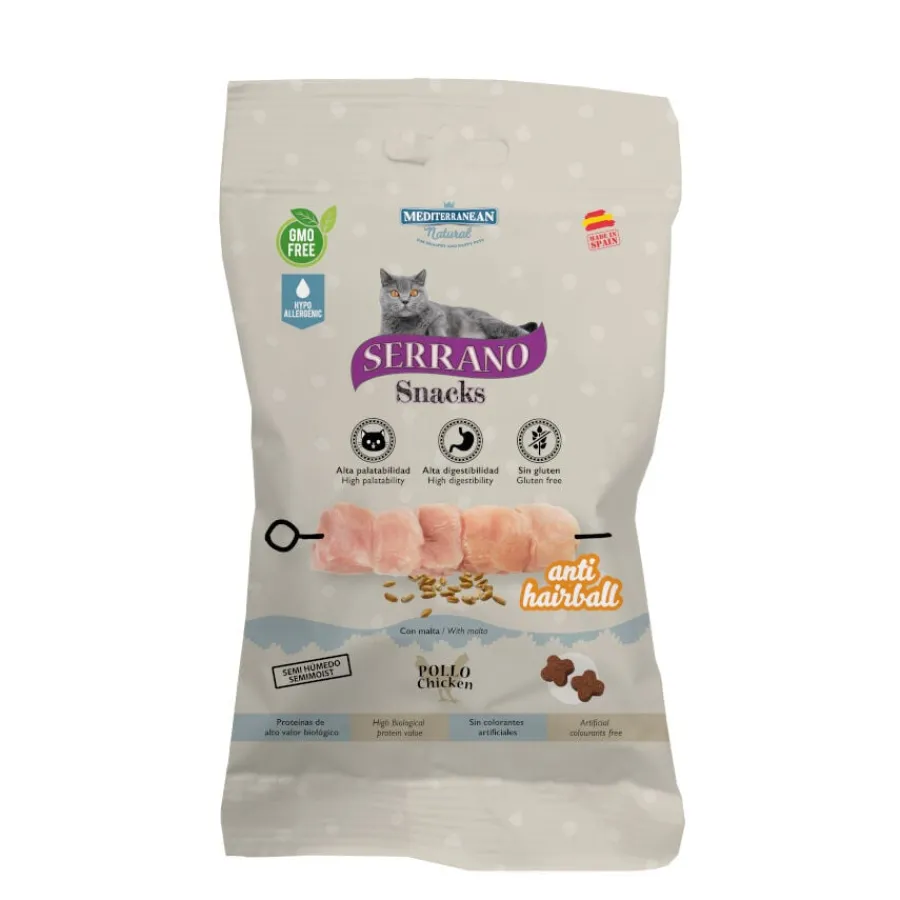 Mediterranean Natural Serrano Bocaditos Anti Hairball de Pollo para gatos New
