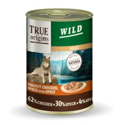 True Origins Wild Adult Dados de Pollo con Speck y Espelta lata para perros