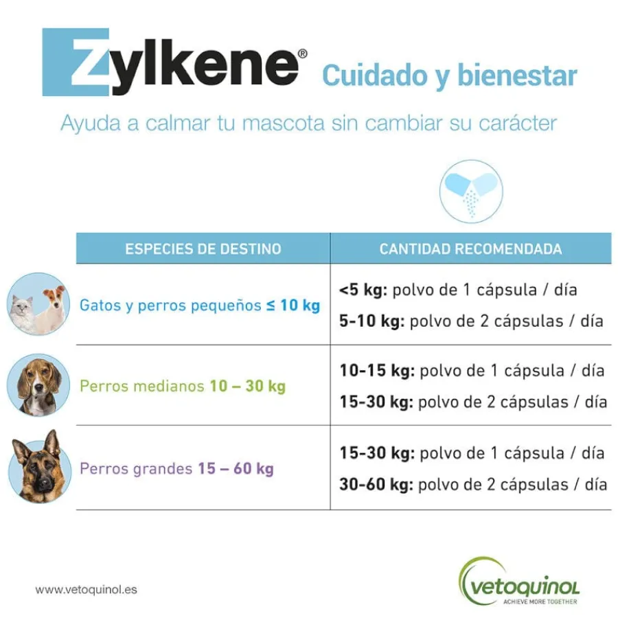 Vetoquinol Zylkene suplemento natural calmante en cápsulas para perros y gatos New