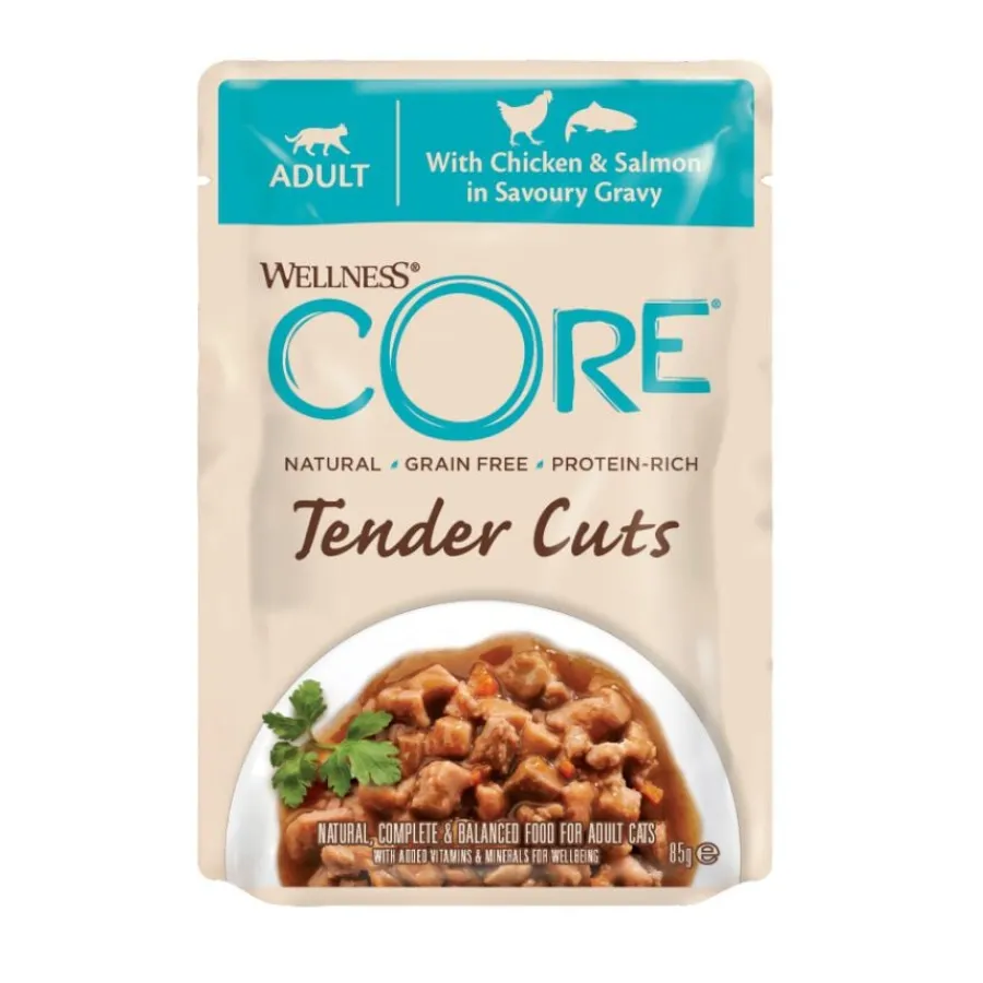 Wellness Core Tender Cuts pollo y salmón sobre en salsa para gatos Hot