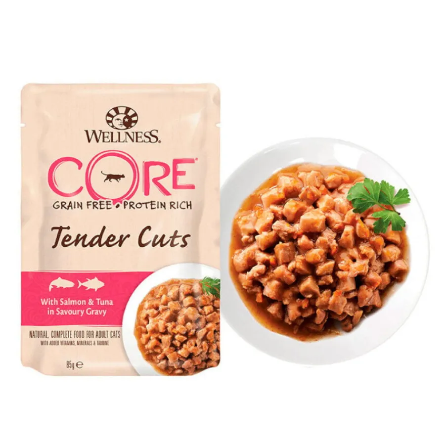 Wellness Core Tender Cuts salmón y atún sobre en salsa para gatos