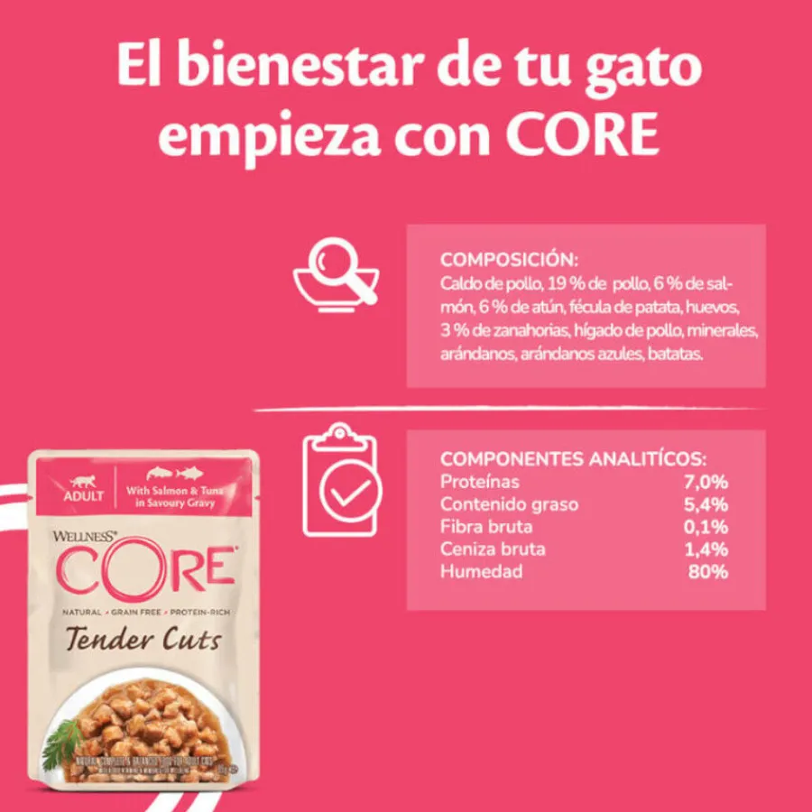 Wellness Core Tender Cuts salmón y atún sobre en salsa para gatos
